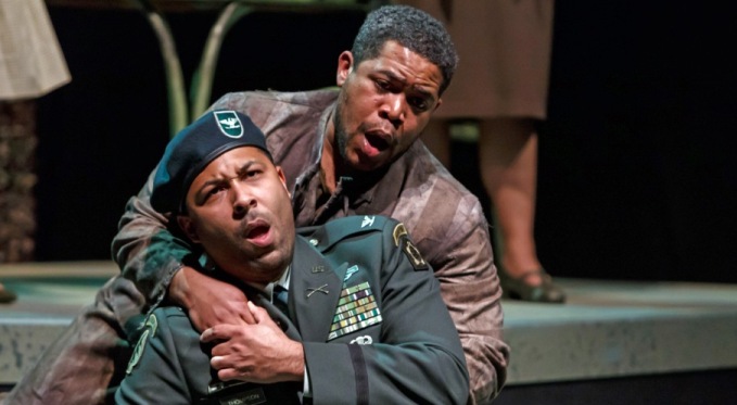 Older Thompson (Benjamin Taylor) and Younger Thompson (Terrence Chin-Loy). Photo by David Bachman for Pittsburgh Opera.