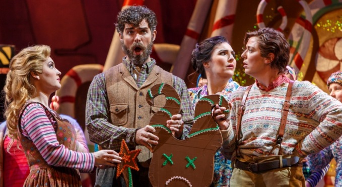 Hansel (Corrie Stallings) and Gretel (Ashley Fabian) are reunited with their parents, Peter (Craig Verm) and Gertrude (Leah Heater). Photo by David Bachman for Pittsburgh Opera.