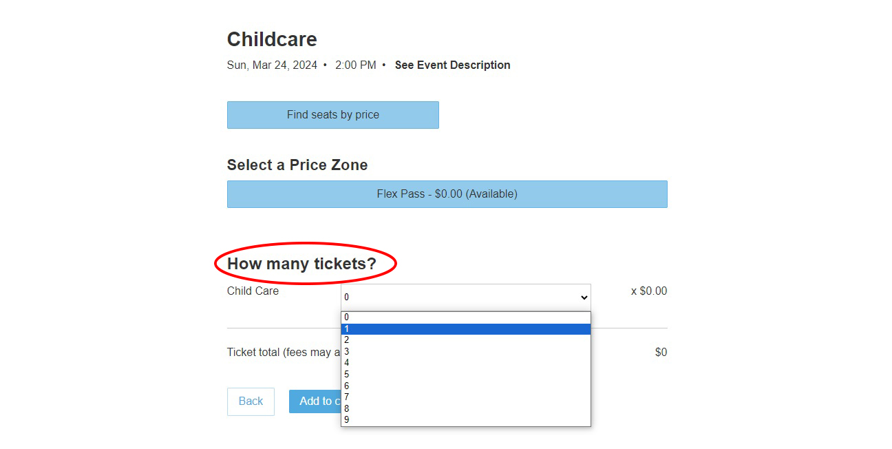 screenshot showing how to add childcare to your ticket purchase