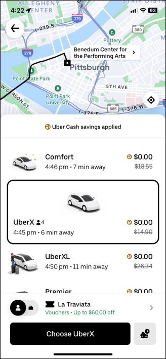 Screen shot of Uber ride selection process