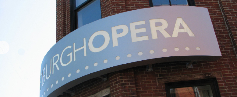 A close-up of the Pittsburgh Opera sign on the outside of the Bitz Opera Factory