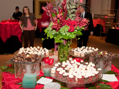 A picture of a red table with trays of food and a centerpiece of a vase with green leaves and red flowers. A woman stands in the background, looking at the table.