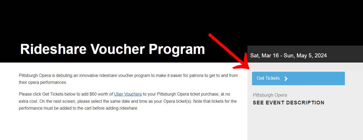 Screenshot showing “Get Tickets” link on the Rideshare Voucher Program page