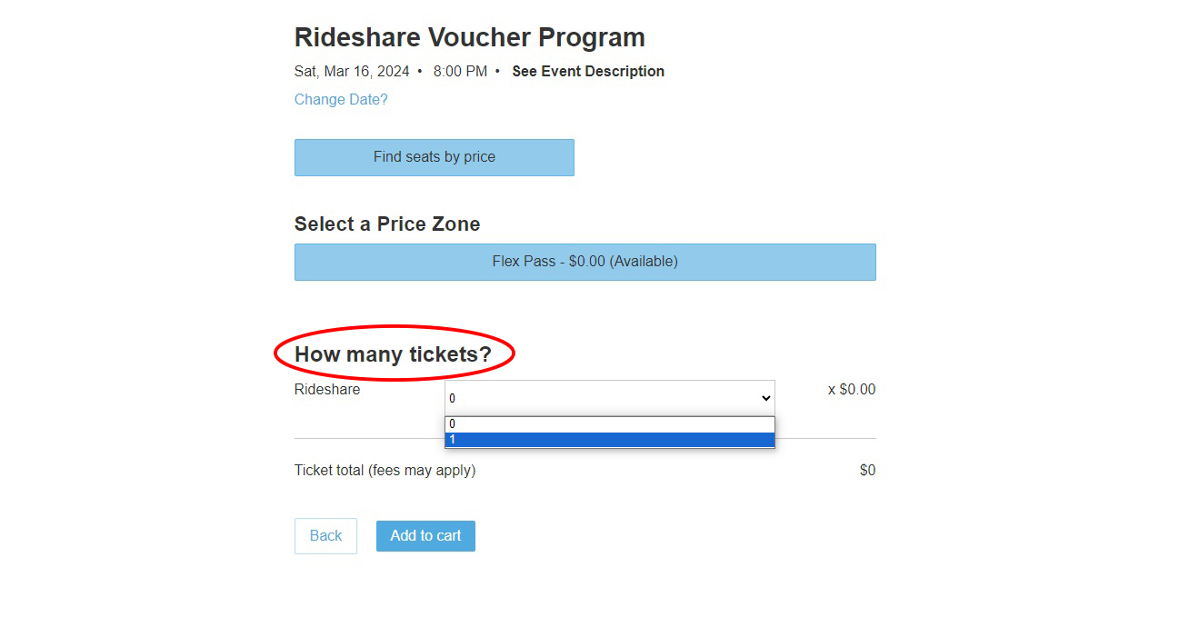 Screenshot showing the “How Many Tickets” drop-down menu